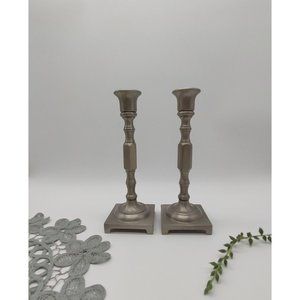 Vintage 7.5” Pair Ethan Allen Silver Tone  Brass Candlesticks Mid Cen MCM, READ